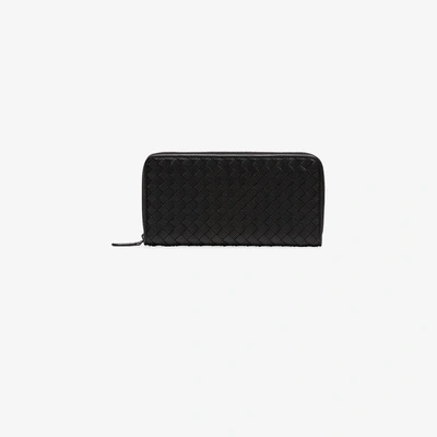 Shop Bottega Veneta Black Intrecciato Zip Around Leather Wallet