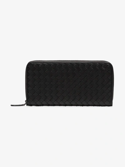 Shop Bottega Veneta Black Intrecciato Zip Around Leather Wallet