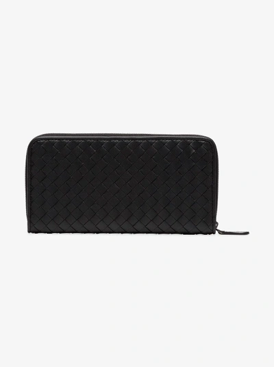 Shop Bottega Veneta Black Intrecciato Zip Around Leather Wallet