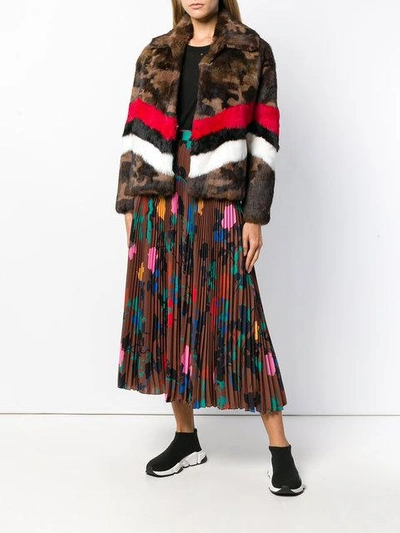 Shop Msgm Pleated Print Skirt In Brown