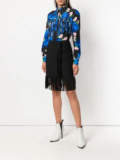 Shop Msgm Short Fringe Skirt In Black