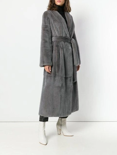 Shop Manzoni 24 Tie Waist Fur Coat - Grey