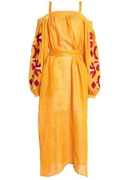 Shop March11 Woman Cold-shoulder Embroidered Linen Midi Dress Saffron