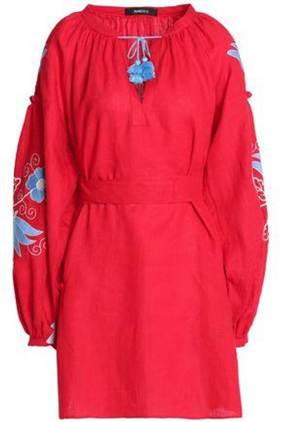 Shop March11 Woman Belted Embroidered Linen Mini Dress Crimson