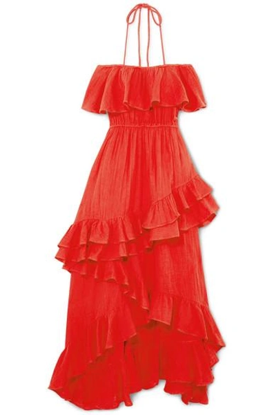 Shop Rhode Salma Off-the-shoulder Ruffled Cotton-voile Maxi Dress In Red