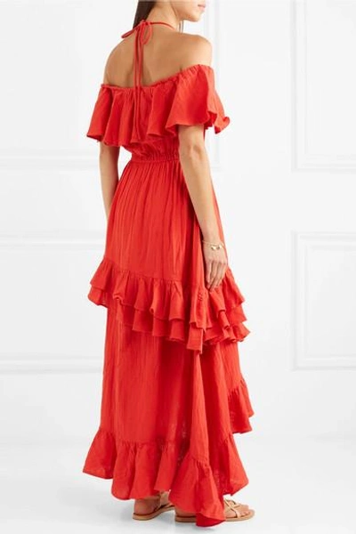 Shop Rhode Salma Off-the-shoulder Ruffled Cotton-voile Maxi Dress In Red