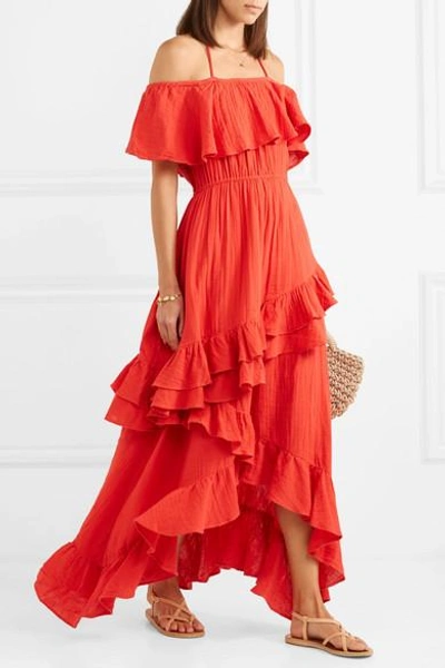 Shop Rhode Salma Off-the-shoulder Ruffled Cotton-voile Maxi Dress In Red