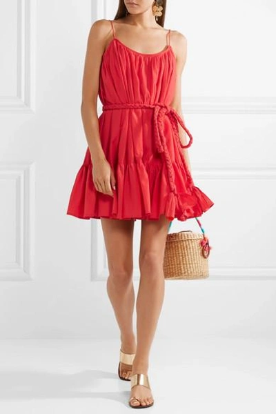 Shop Rhode Nala Belted Pleated Cotton Mini Dress In Red