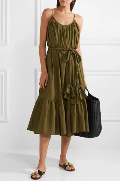 Shop Rhode Lea Belted Pleated Cotton Midi Dress In Army Green