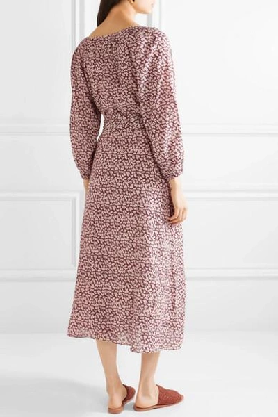Shop The Great The Derby Floral-print Cotton-gauze Midi Dress In Burgundy
