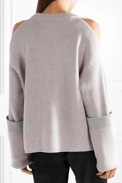 Shop Stella Mccartney Cold-shoulder Ribbed Wool Sweater In Light Gray
