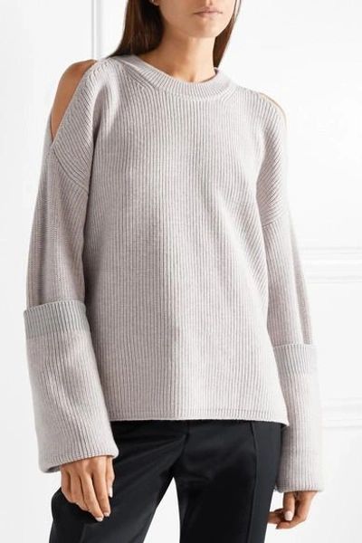 Shop Stella Mccartney Cold-shoulder Ribbed Wool Sweater In Light Gray