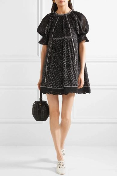 Shop Ulla Johnson Feroz Crochet-trimmed Printed Cotton-gauze Mini Dress In Black