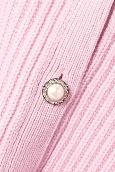 Shop Miu Miu Embellished Ribbed Cashmere Cardigan In Baby Pink