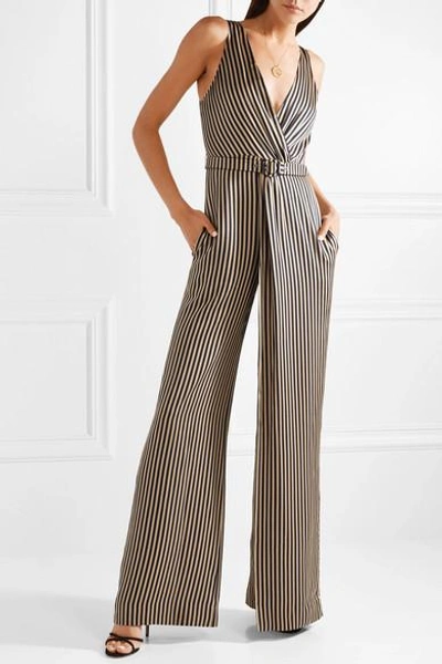 Shop Jonathan Simkhai Wrap-effect Striped Sateen Jumpsuit In Midnight Blue