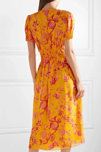 Shop Carolina Herrera Pintucked Floral-print Silk Crepe De Chine Midi Dress In Orange