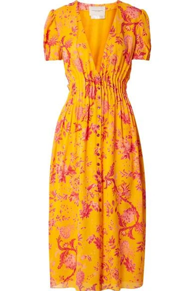 Shop Carolina Herrera Pintucked Floral-print Silk Crepe De Chine Midi Dress In Orange