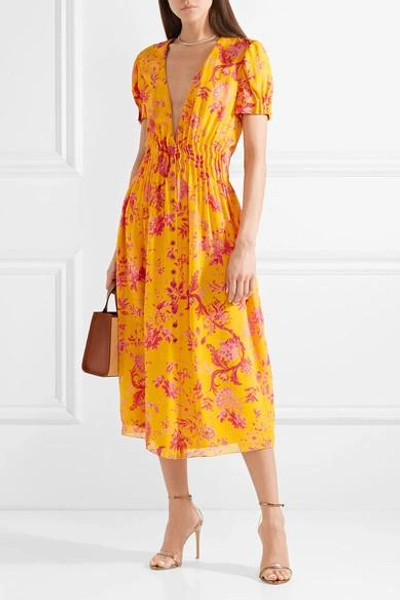 Shop Carolina Herrera Pintucked Floral-print Silk Crepe De Chine Midi Dress In Orange