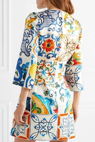 Shop Dolce & Gabbana Printed Cotton And Silk-blend Brocade Mini Dress In Blue