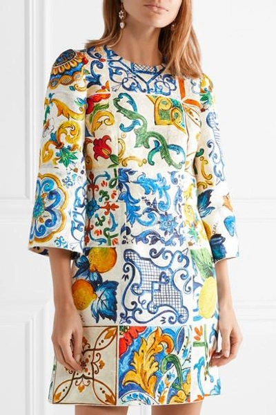 Shop Dolce & Gabbana Printed Cotton And Silk-blend Brocade Mini Dress In Blue