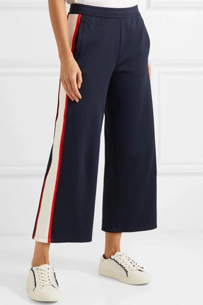 Shop Tory Sport Cropped Striped Stretch-knit Track Pants In Navy