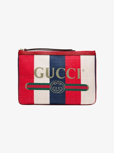 Shop Gucci Blue And Red Logo Print Canvas Clutch Bag
