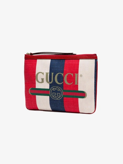 Shop Gucci Blue And Red Logo Print Canvas Clutch Bag