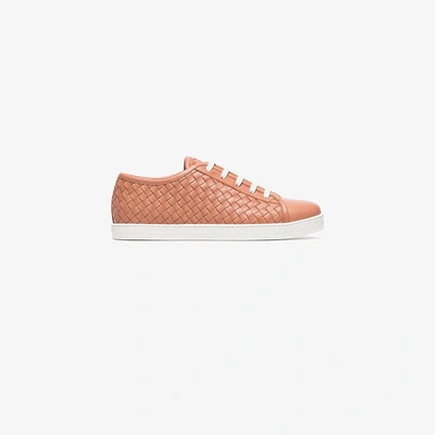 Shop Bottega Veneta Pink Lace Up Woven Leather Sneakers In Pink&purple