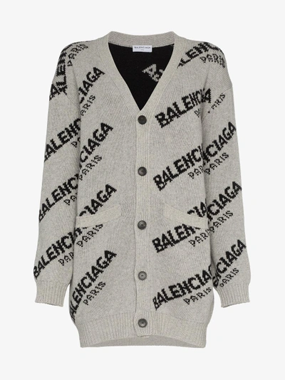 Shop Balenciaga Logo Intarsia V-neck Virgin Wool Camel-blend Cardigan In Grey