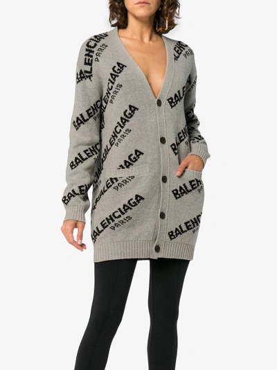 Shop Balenciaga Logo Intarsia V-neck Virgin Wool Camel-blend Cardigan In Grey