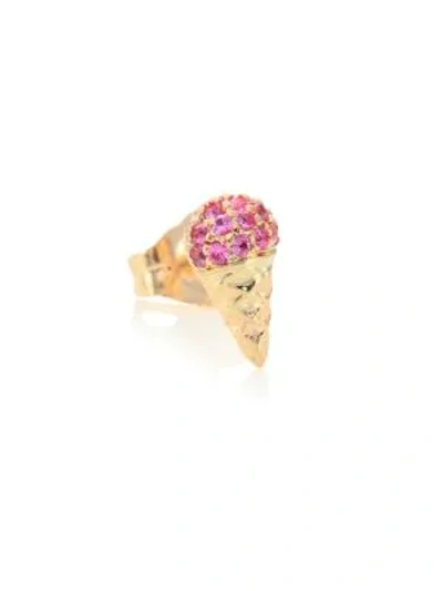 Shop Sydney Evan Small Ice Cream Cone 14k Yellow Gold & Pink Sapphire Single Stud Earring In Gold Pink Sapphire