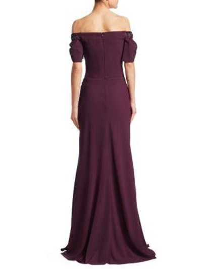 Shop David Meister Off-the-shoulder Ruched Gown In Plum