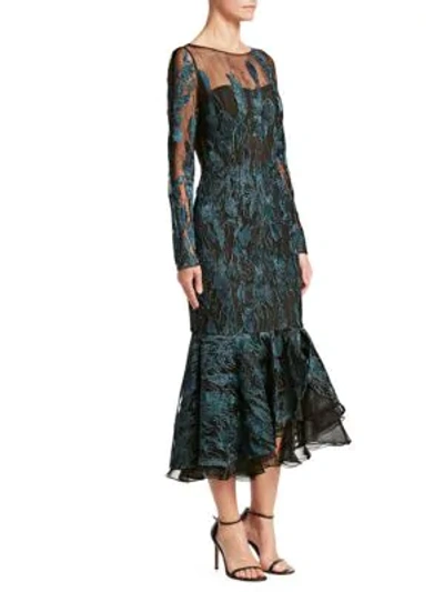 Shop David Meister Embroidered Fishtail Dress In Teal Black