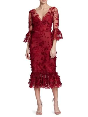 marchesa notte red floral embroidered sheath