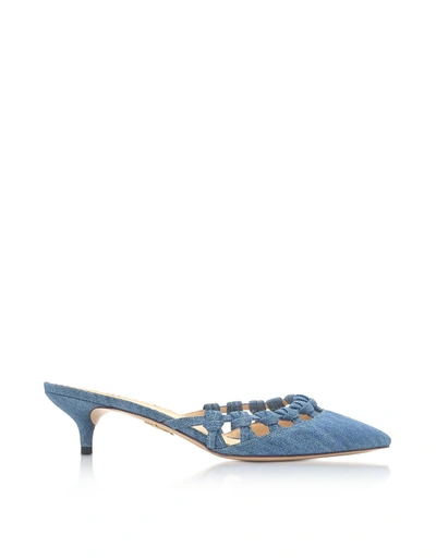 Shop Charlotte Olympia Patti Denim Mid-heel Pointy Mule In Blue