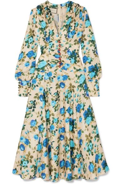 Shop Gucci Floral-print Silk-twill Midi Dress