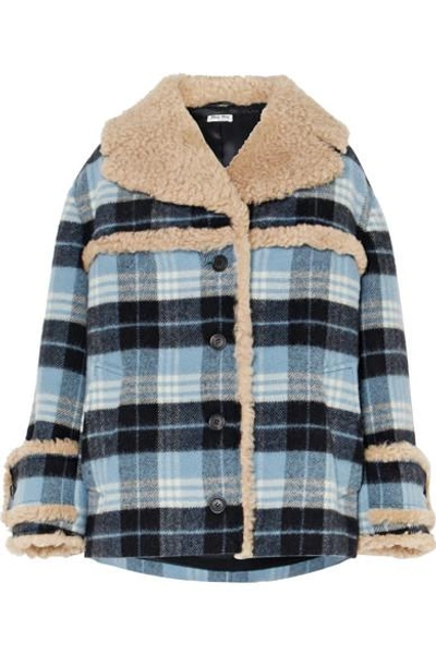 Shop Miu Miu Shearling-trimmed Checked Wool-blend Flannel Jacket In Blue