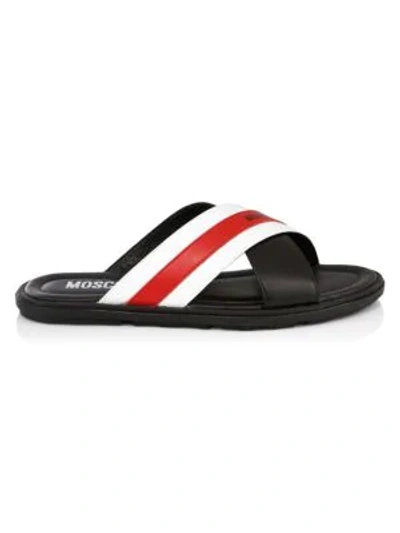 Shop Moschino Stripe Leather Slider Sandals In Black White