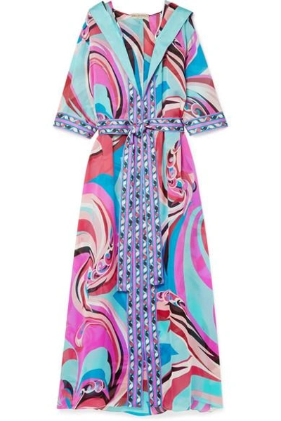 Shop Emilio Pucci Parrots Hooded Printed Silk-chiffon Robe In Pink