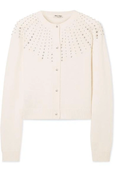 Shop Miu Miu Crystal-embellished Cashmere Cardigan In Ivory