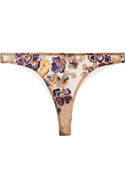 Shop Id Sarrieri Wonderland Delights Embroidered Stretch-tulle Thong In Lilac