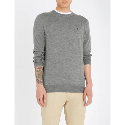 Shop Polo Ralph Lauren Logo-embroidered Wool Jumper In Fawn Grey Heather