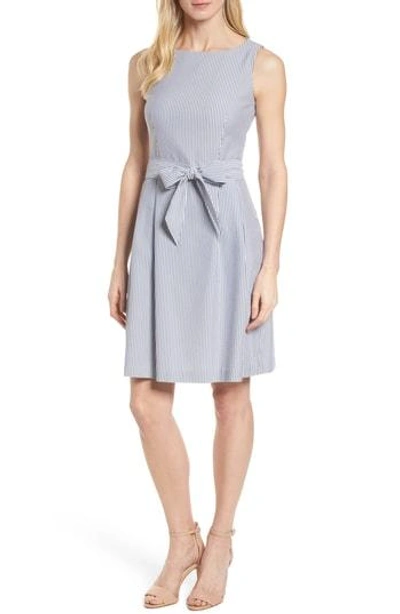 Shop Anne Klein Seersucker Fit & Flare Dress In Optic White/ Breton Blue