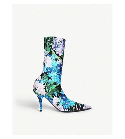 Shop Balenciaga Knife Floral-print Stretch-jersey Ankle Boots In Blue Other
