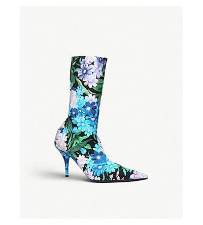 Shop Balenciaga Knife Floral-print Stretch-jersey Ankle Boots In Blue Other