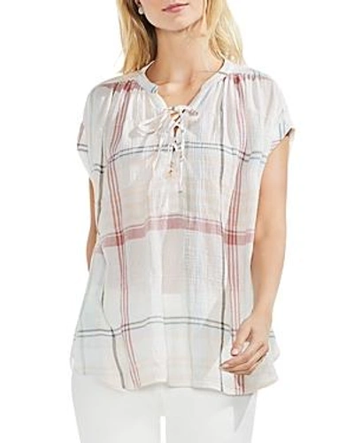 Shop Vince Camuto Crinkled Plaid Lace-up Top In French Pea
