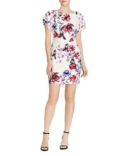 Shop Ralph Lauren Lauren  Flutter-sleeve Floral Jersey Dress In Cream/pink/multi