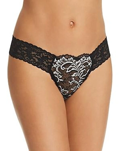 Shop Hanky Panky Low-rise Printed Lace Thong In Black/marshmallow