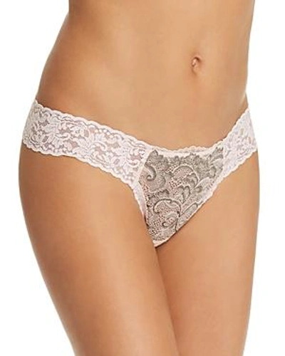 Shop Hanky Panky Low-rise Printed Lace Thong In Beige/slate