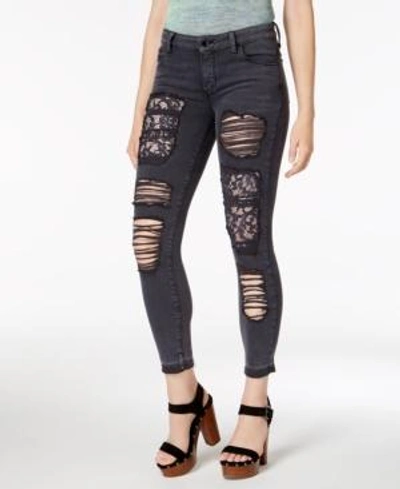 Shop Guess Ripped Lace-patch Skinny Jeans In Jet Black